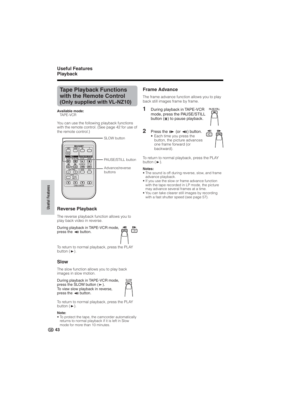 Tape playback functions with the remote control, Only supplied with vl-nz10) | Sharp VL-NZ10S User Manual | Page 58 / 111