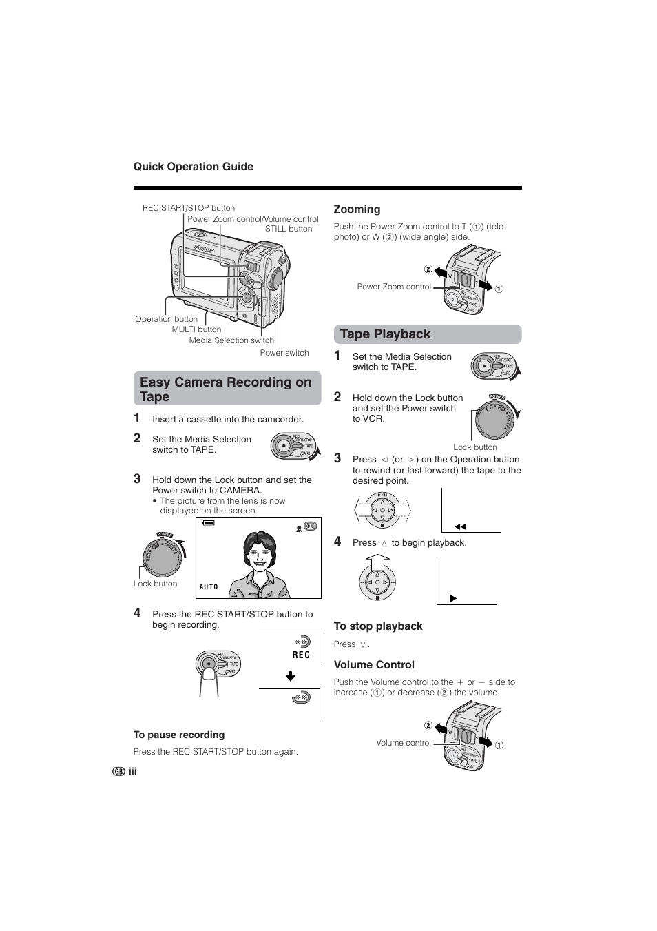 Easy camera recording on tape 1, Tape playback 1 | Sharp VL-NZ10S User Manual | Page 6 / 111