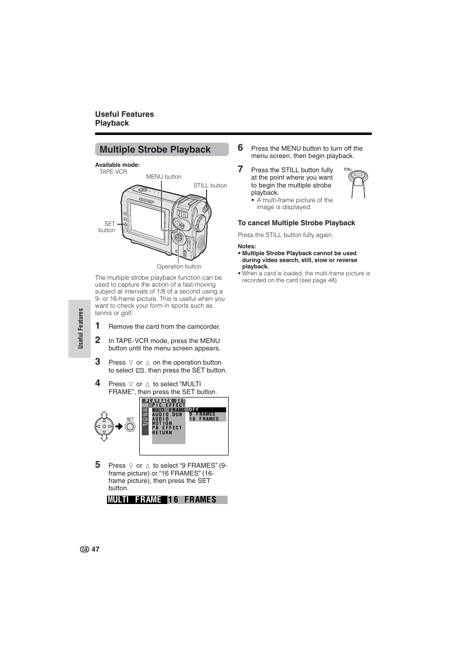 Multiple strobe playback, Frame s 1 6 multi f rame | Sharp VL-NZ10S User Manual | Page 62 / 111