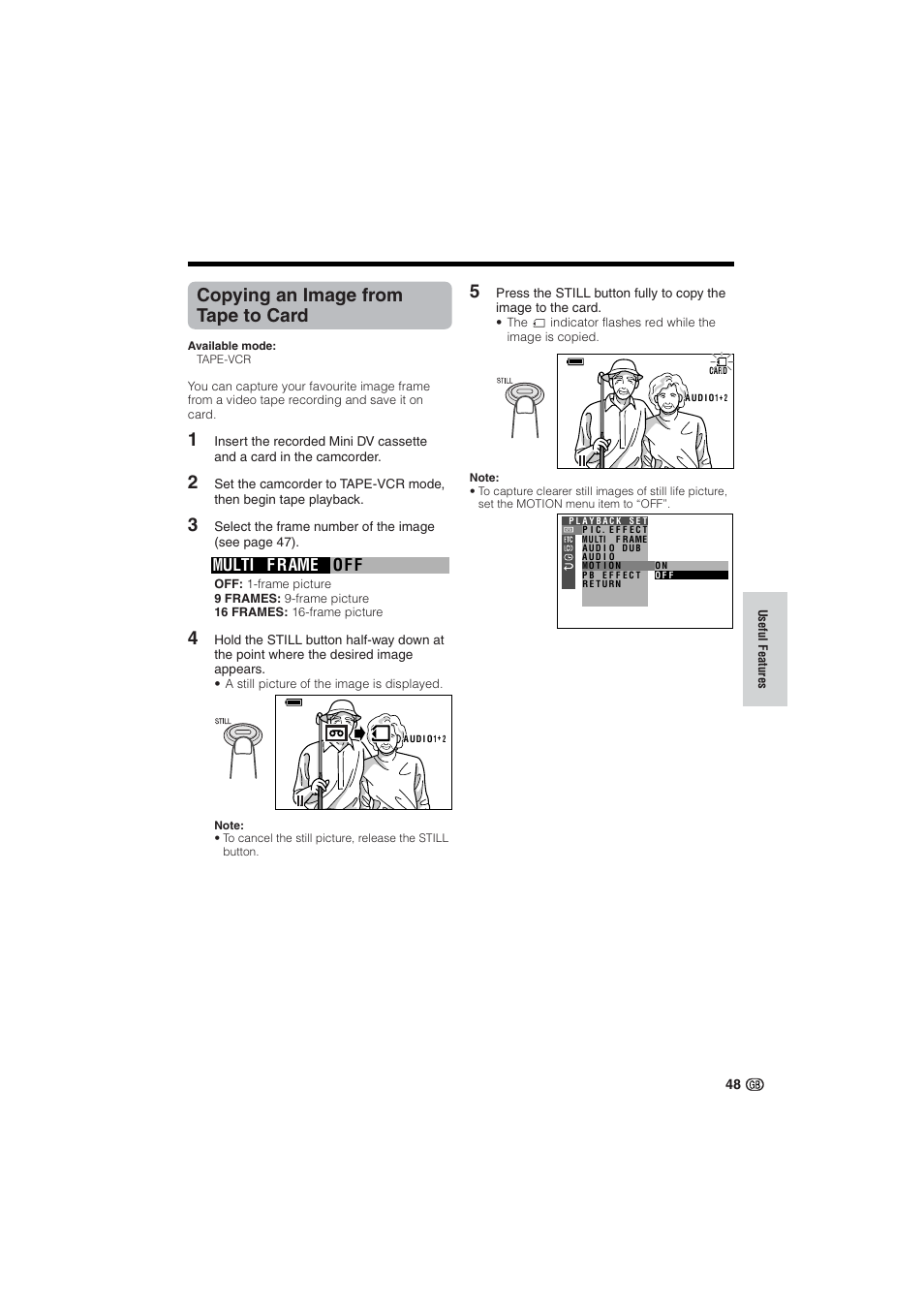 Copying an image from tape to card, Of f multi f rame | Sharp VL-NZ10S User Manual | Page 63 / 111