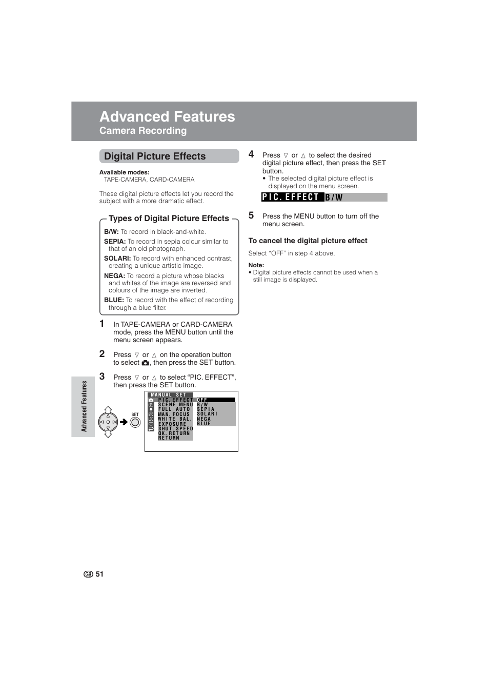 Advanced features, Digital picture effects, Camera recording | Sharp VL-NZ10S User Manual | Page 66 / 111