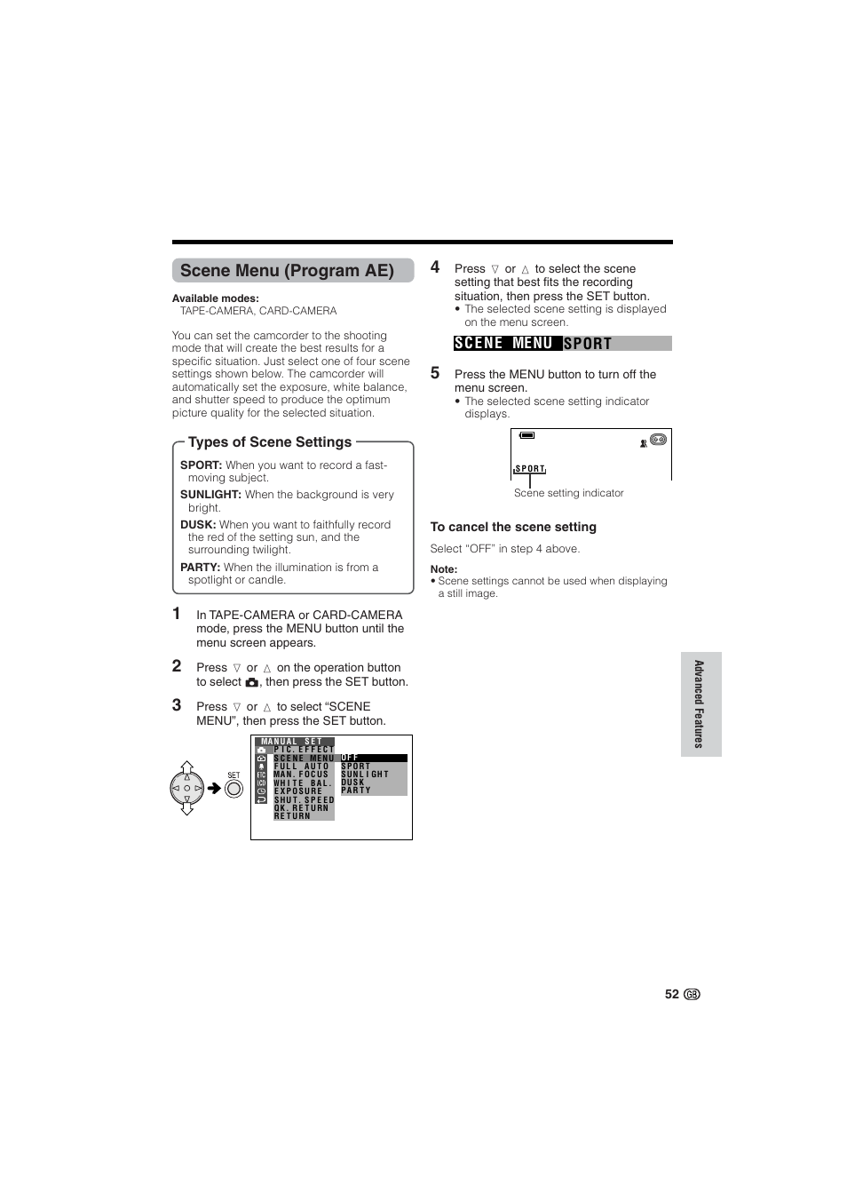 Scene menu (program ae), Sport sc e ne menu, Types of scene settings | Sharp VL-NZ10S User Manual | Page 67 / 111
