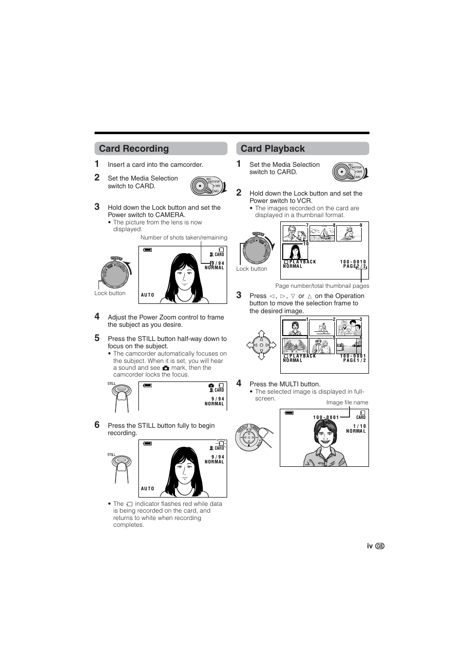 Card recording 1, Card playback 1 | Sharp VL-NZ10S User Manual | Page 7 / 111