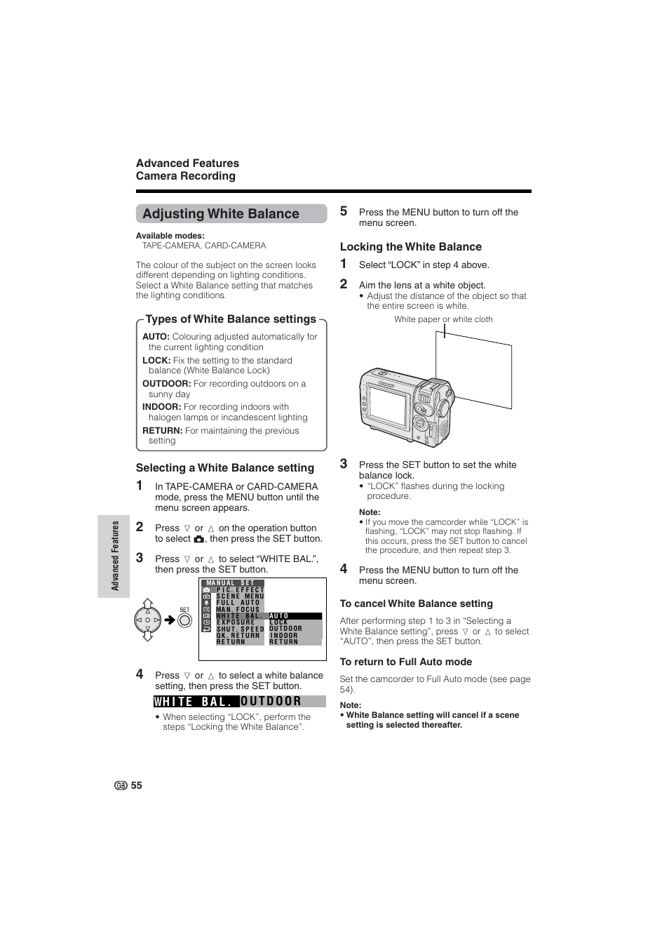 Adjusting white balance | Sharp VL-NZ10S User Manual | Page 70 / 111