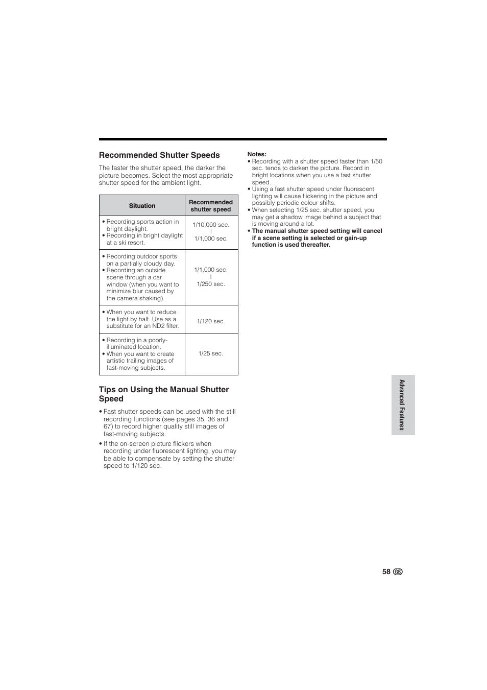 Recommended shutter speeds, Tips on using the manual shutter speed | Sharp VL-NZ10S User Manual | Page 73 / 111