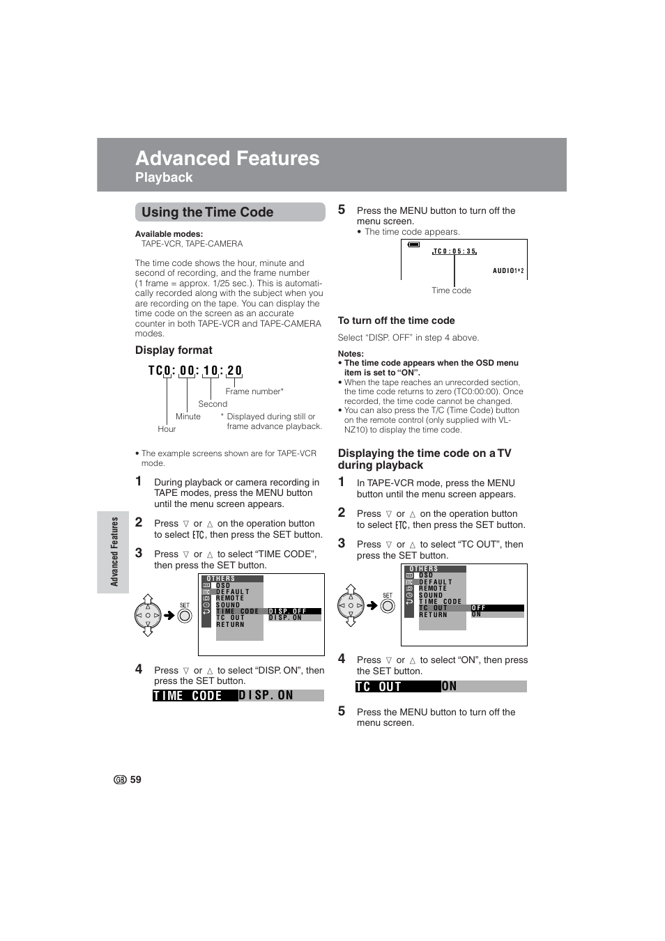 Advanced features, Using the time code, Playback 5 | D i sp. on t i me code, On t c ou t | Sharp VL-NZ10S User Manual | Page 74 / 111