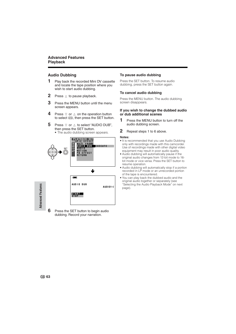 Advanced features playback, Audio dubbing | Sharp VL-NZ10S User Manual | Page 78 / 111