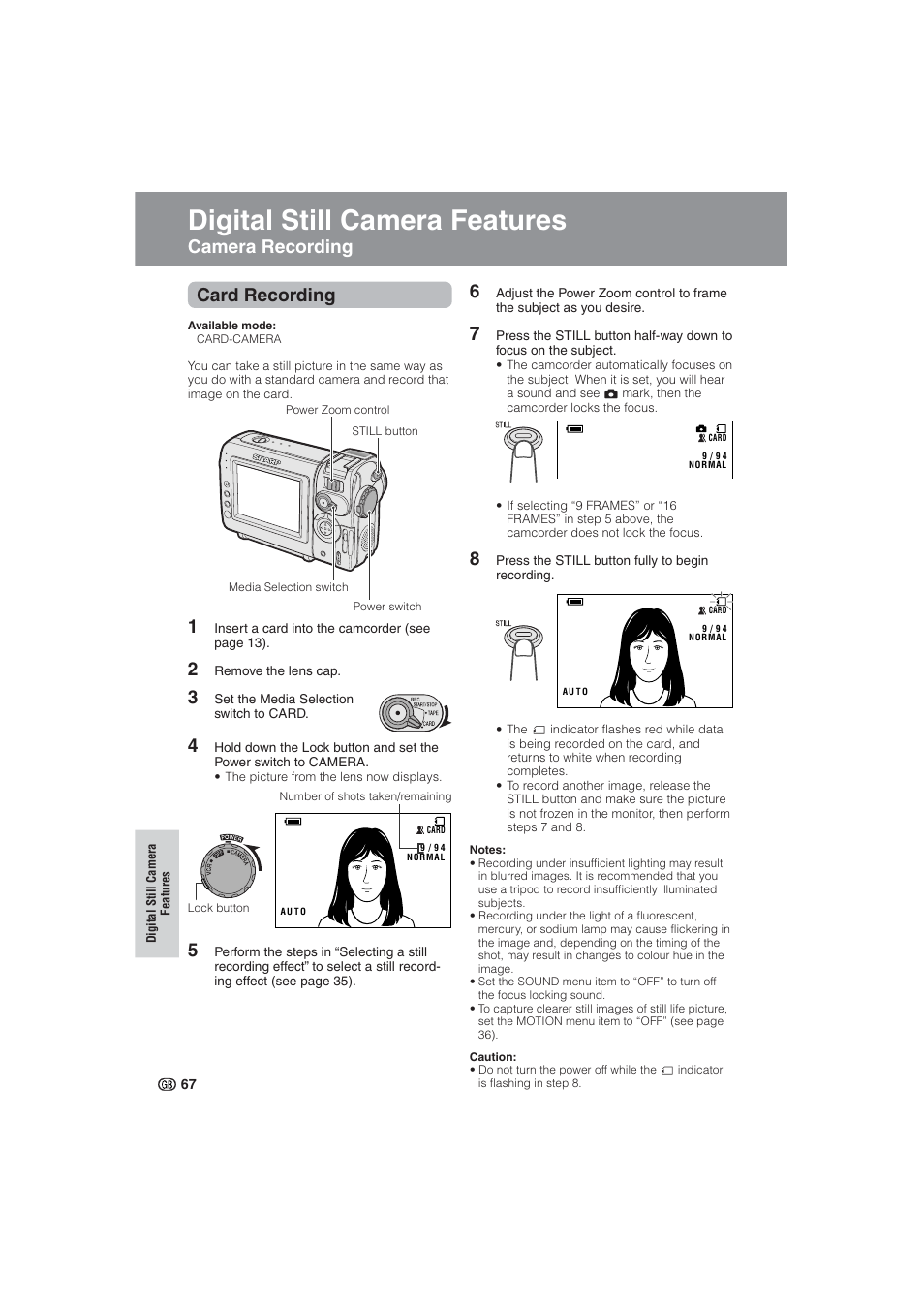 Digital still camera features, Camera recording card recording | Sharp VL-NZ10S User Manual | Page 82 / 111