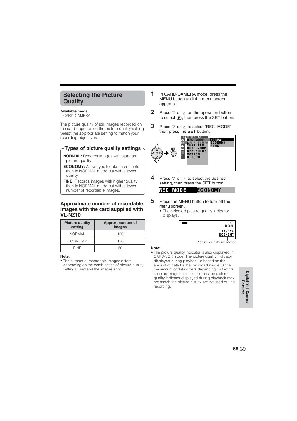 Selecting the picture quality, Re c mode e c onomy | Sharp VL-NZ10S User Manual | Page 83 / 111