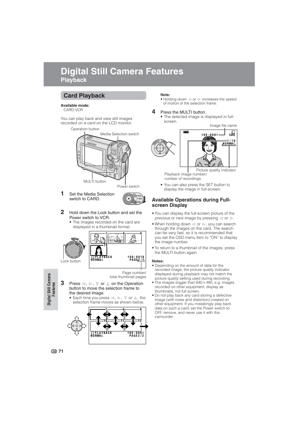 Digital still camera features, Playback card playback, Digital still camera features playback | Available operations during full- screen display | Sharp VL-NZ10S User Manual | Page 86 / 111