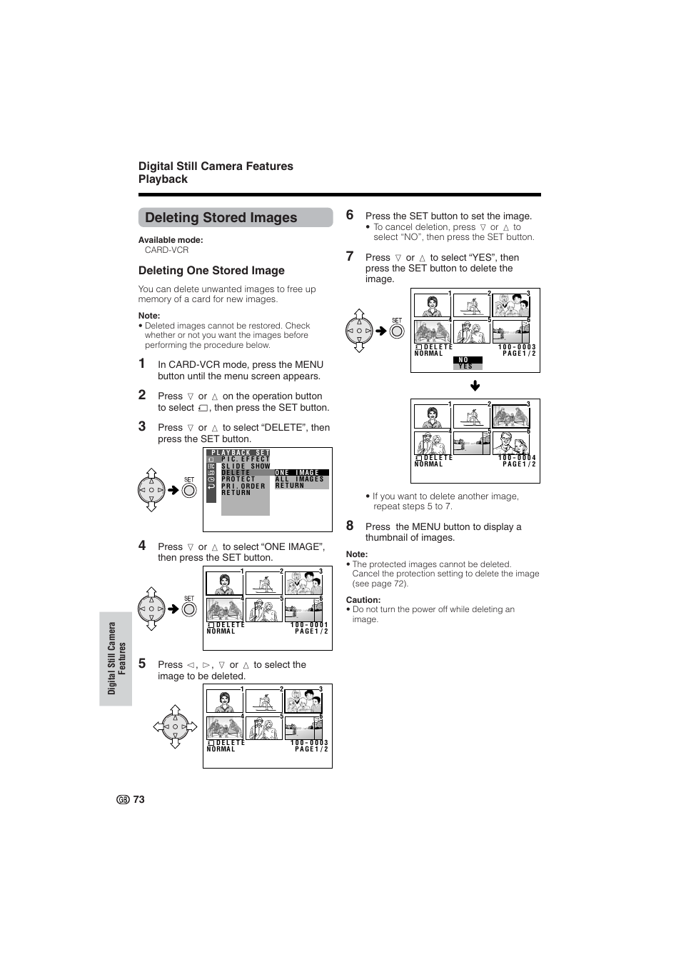 Deleting stored images, Digital still camera features playback, Deleting one stored image | Sharp VL-NZ10S User Manual | Page 88 / 111