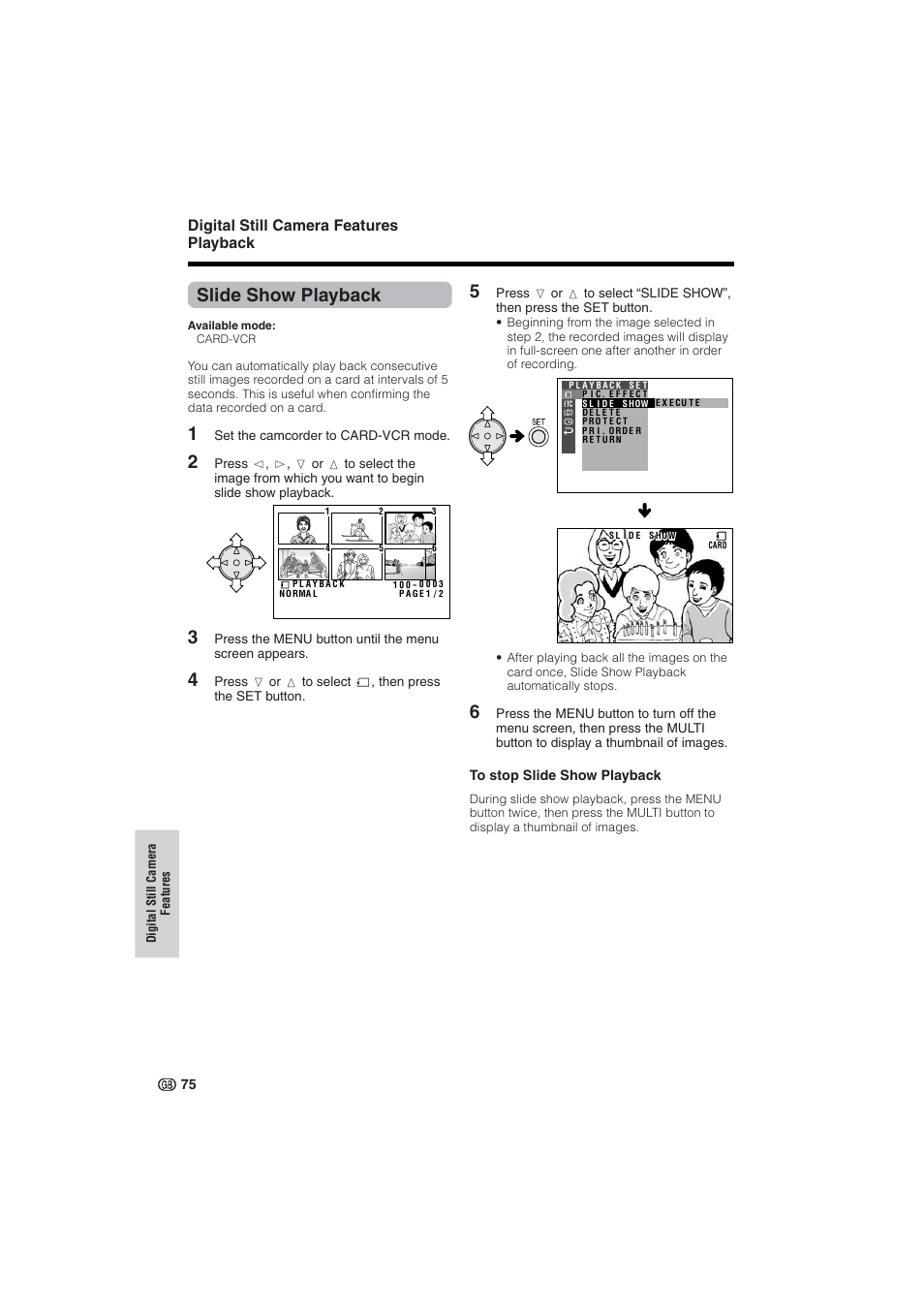 Slide show playback, Digital still camera features playback | Sharp VL-NZ10S User Manual | Page 90 / 111
