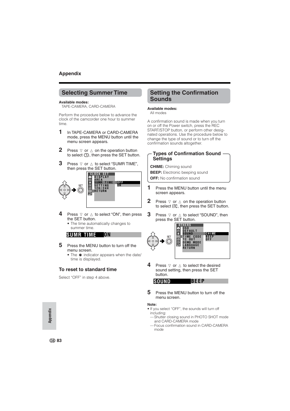 Selecting summer time, Setting the confirmation sounds, Sumr time on | Sharp VL-NZ10S User Manual | Page 98 / 111