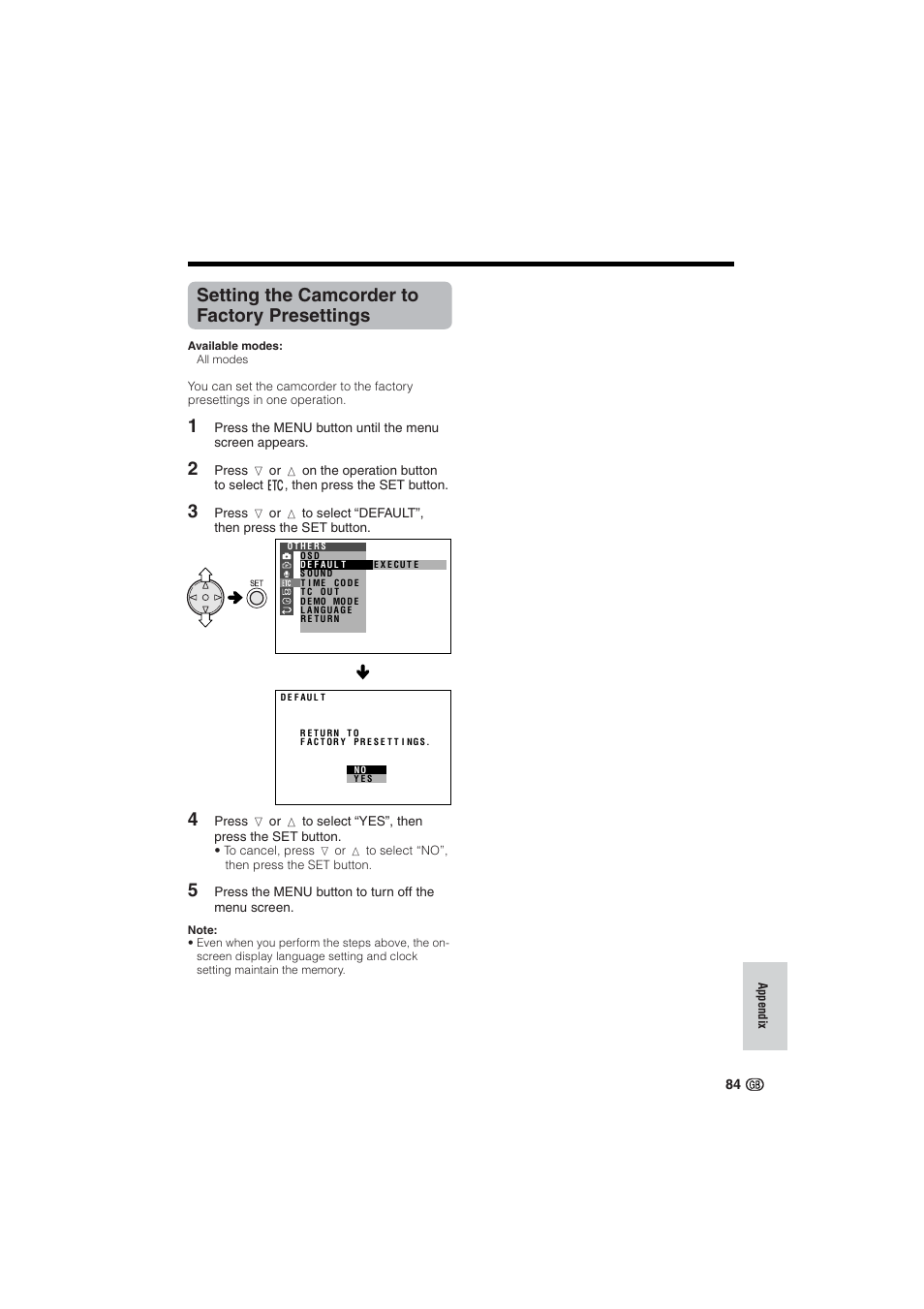 Setting the camcorder to factory presettings | Sharp VL-NZ10S User Manual | Page 99 / 111