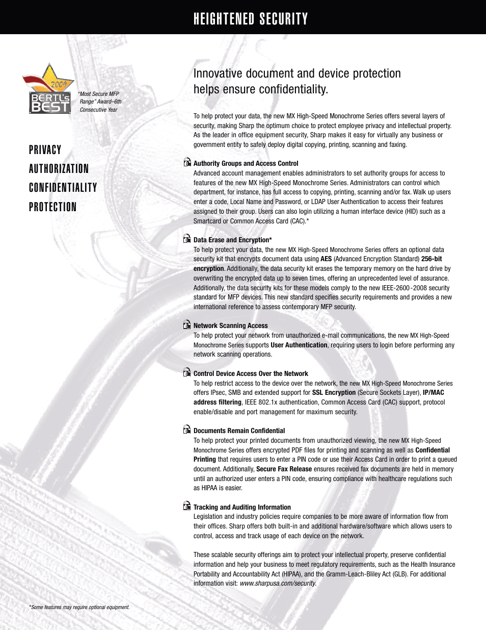 Heightened security, Privacy authorization confidentiality protection | Sharp MX-M753 User Manual | Page 10 / 12