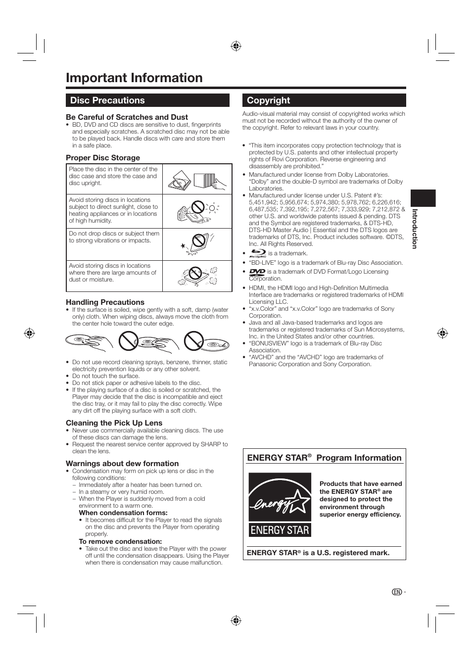 Important information, Disc precautions, Copyright | Energy star, Program information | Sharp AQUOS BD-HP24U(A) User Manual | Page 11 / 61