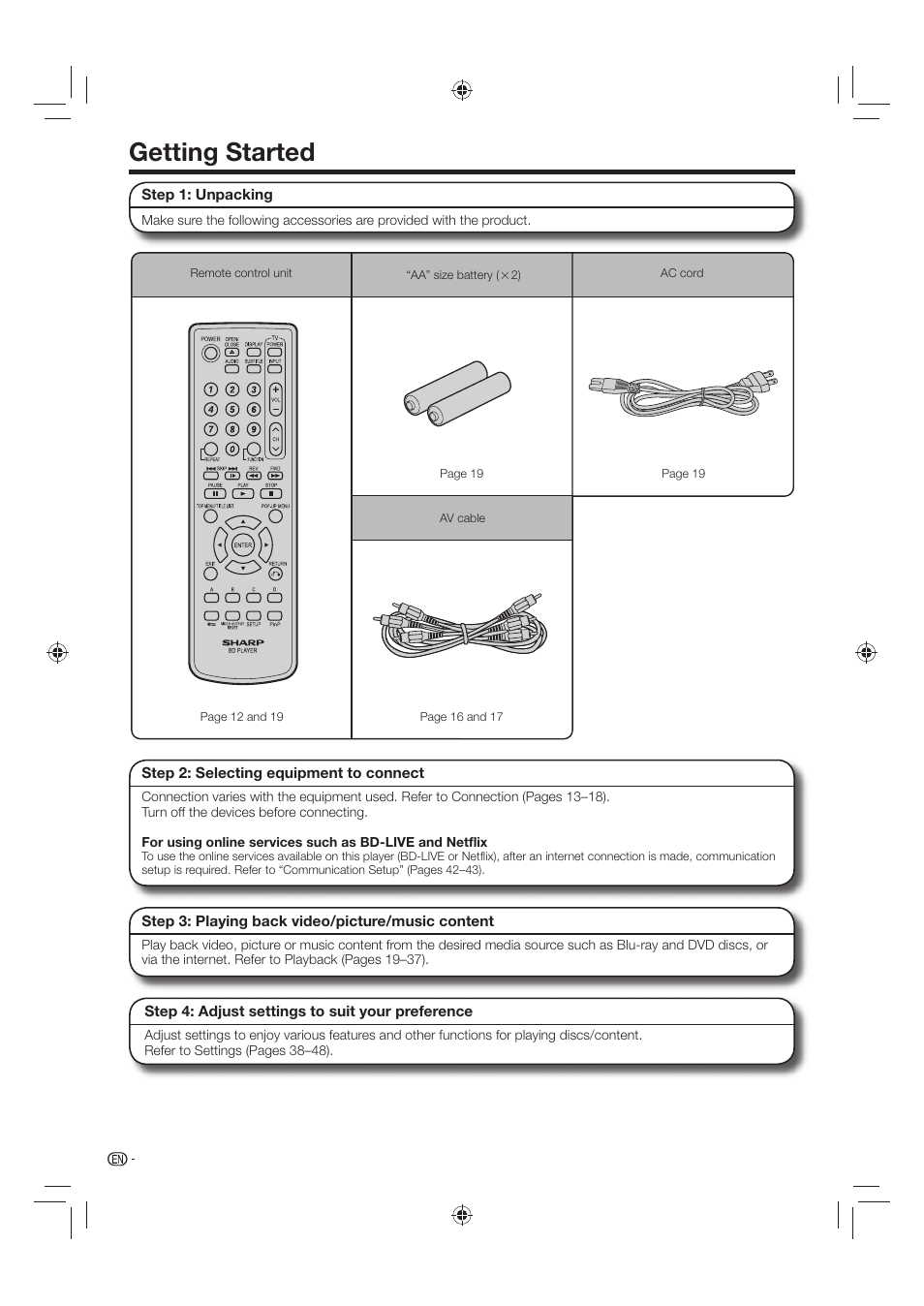 Getting started | Sharp AQUOS BD-HP24U(A) User Manual | Page 12 / 61