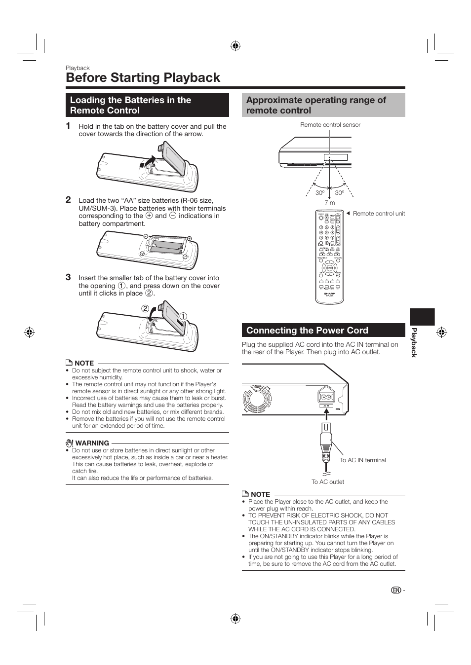 Before starting playback, Loading the batteries in the remote control, 12 3 connecting the power cord | Approximate operating range of remote control | Sharp AQUOS BD-HP24U(A) User Manual | Page 21 / 61