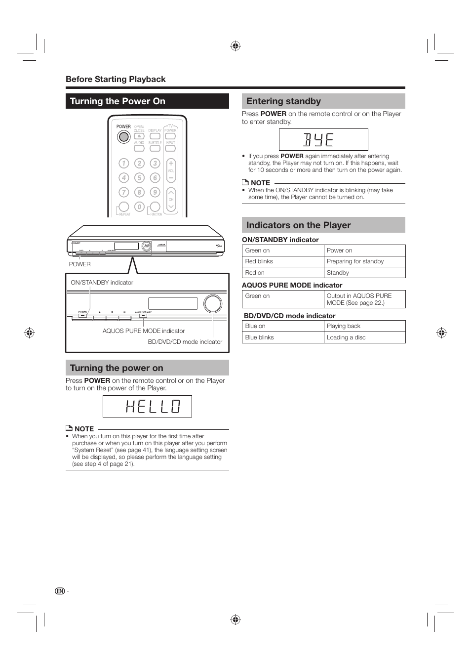 Turning the power on turning the power on, Entering standby, Indicators on the player | Before starting playback | Sharp AQUOS BD-HP24U(A) User Manual | Page 22 / 61