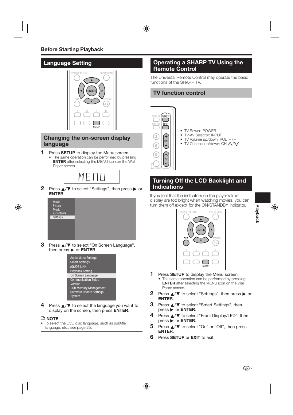 Operating a sharp tv using the remote control, Tv function control, 23 4 turning off the lcd backlight and indications | Before starting playback | Sharp AQUOS BD-HP24U(A) User Manual | Page 23 / 61