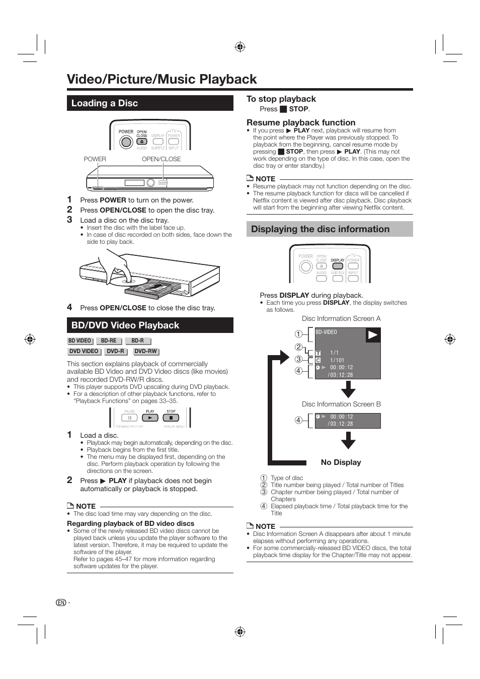 Video/picture/music playback, Loading a disc, Bd/dvd video playback | Displaying the disc information, Resume playback function | Sharp AQUOS BD-HP24U(A) User Manual | Page 26 / 61