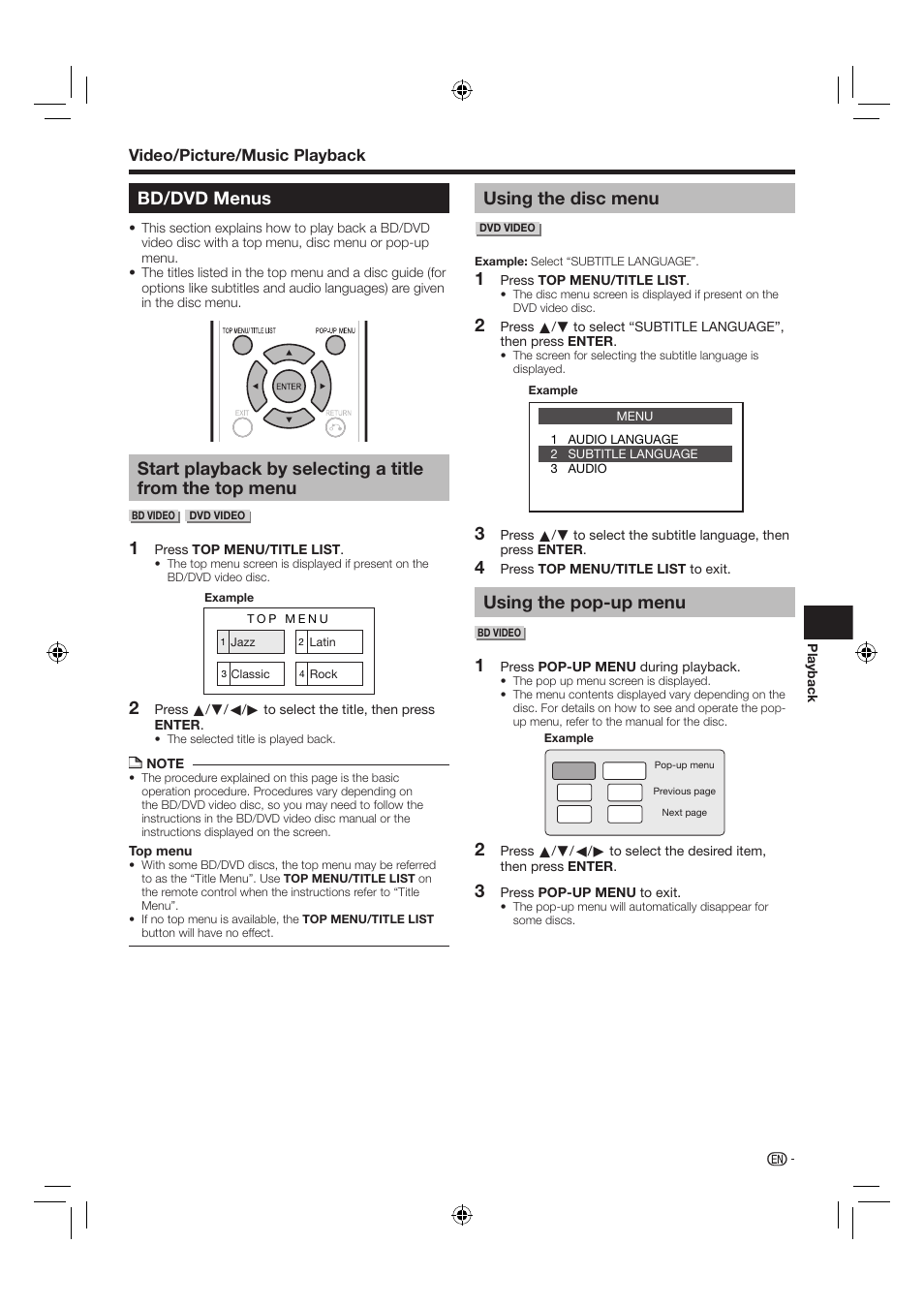 Bd/dvd menus, Using the disc menu, Using the pop-up menu | Video/picture/music playback | Sharp AQUOS BD-HP24U(A) User Manual | Page 27 / 61