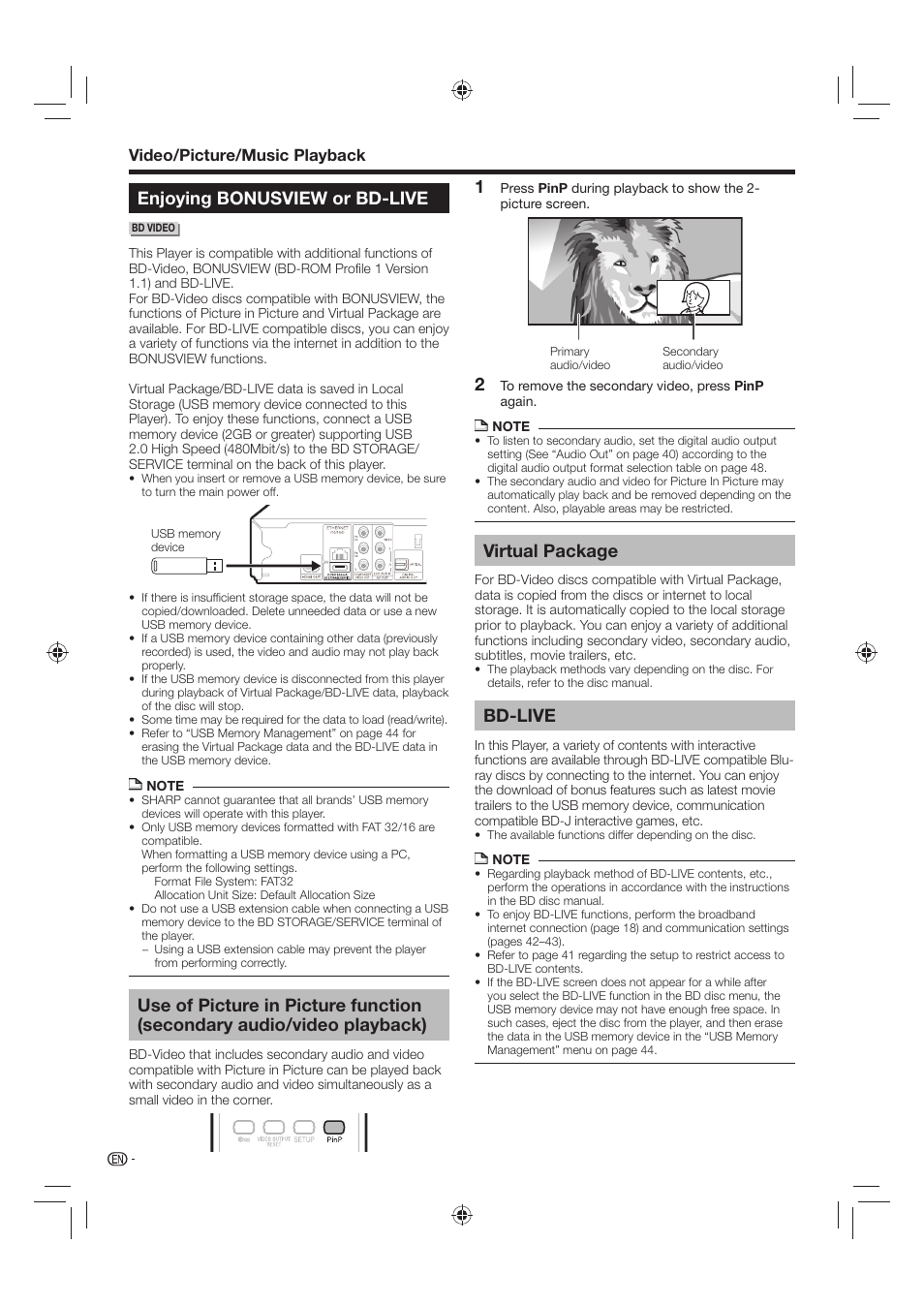 Enjoying bonusview or bd-live, Virtual package, Bd-live | Video/picture/music playback | Sharp AQUOS BD-HP24U(A) User Manual | Page 28 / 61