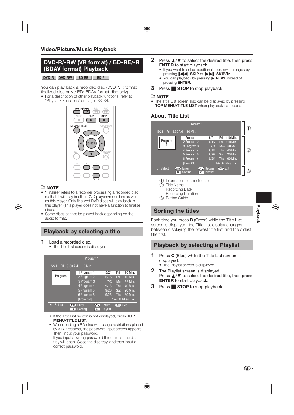 Playback by selecting a title, Sorting the titles, Playback by selecting a playlist | Video/picture/music playback, About title list | Sharp AQUOS BD-HP24U(A) User Manual | Page 29 / 61