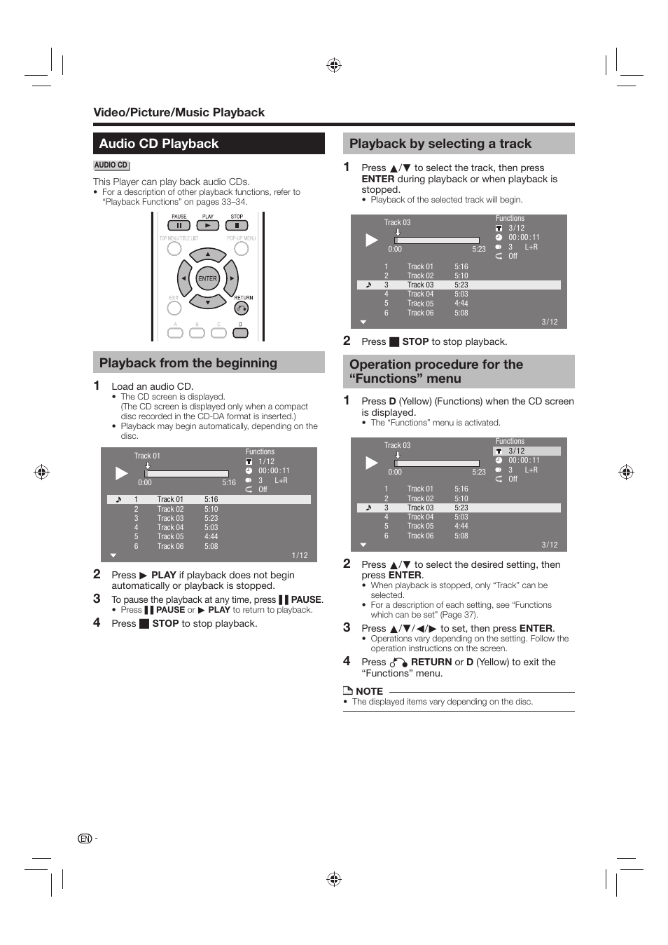 Audio cd playback, Playback from the beginning, 4playback by selecting a track | Operation procedure for the “functions” menu, Video/picture/music playback | Sharp AQUOS BD-HP24U(A) User Manual | Page 30 / 61