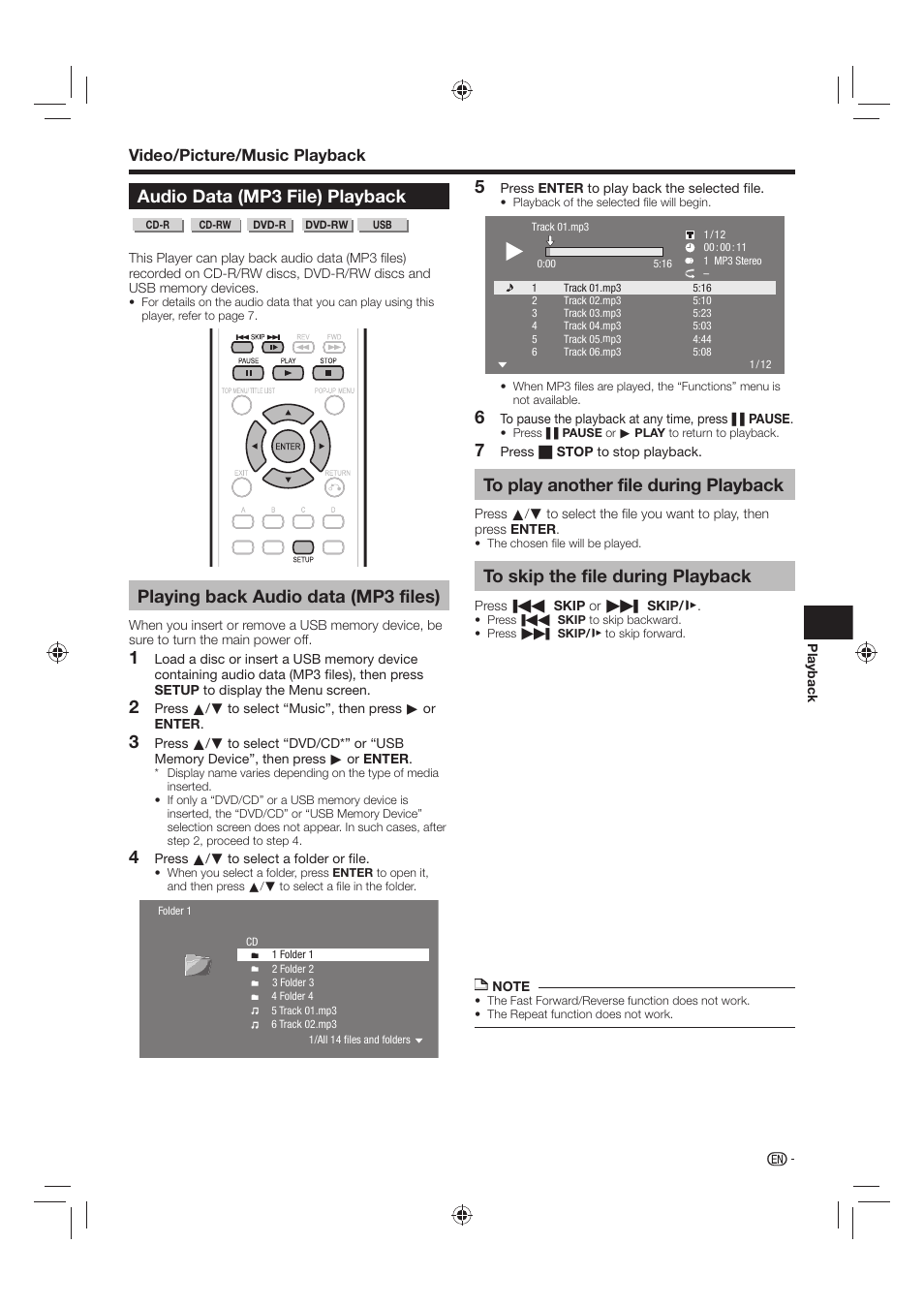 Audio data (mp3 file) playback, Playing back audio data (mp3 files), Video/picture/music playback | Sharp AQUOS BD-HP24U(A) User Manual | Page 31 / 61