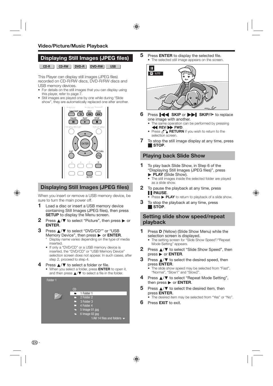 Displaying still images (jpeg files), Playing back slide show, Setting slide show speed/repeat playback | Video/picture/music playback | Sharp AQUOS BD-HP24U(A) User Manual | Page 32 / 61