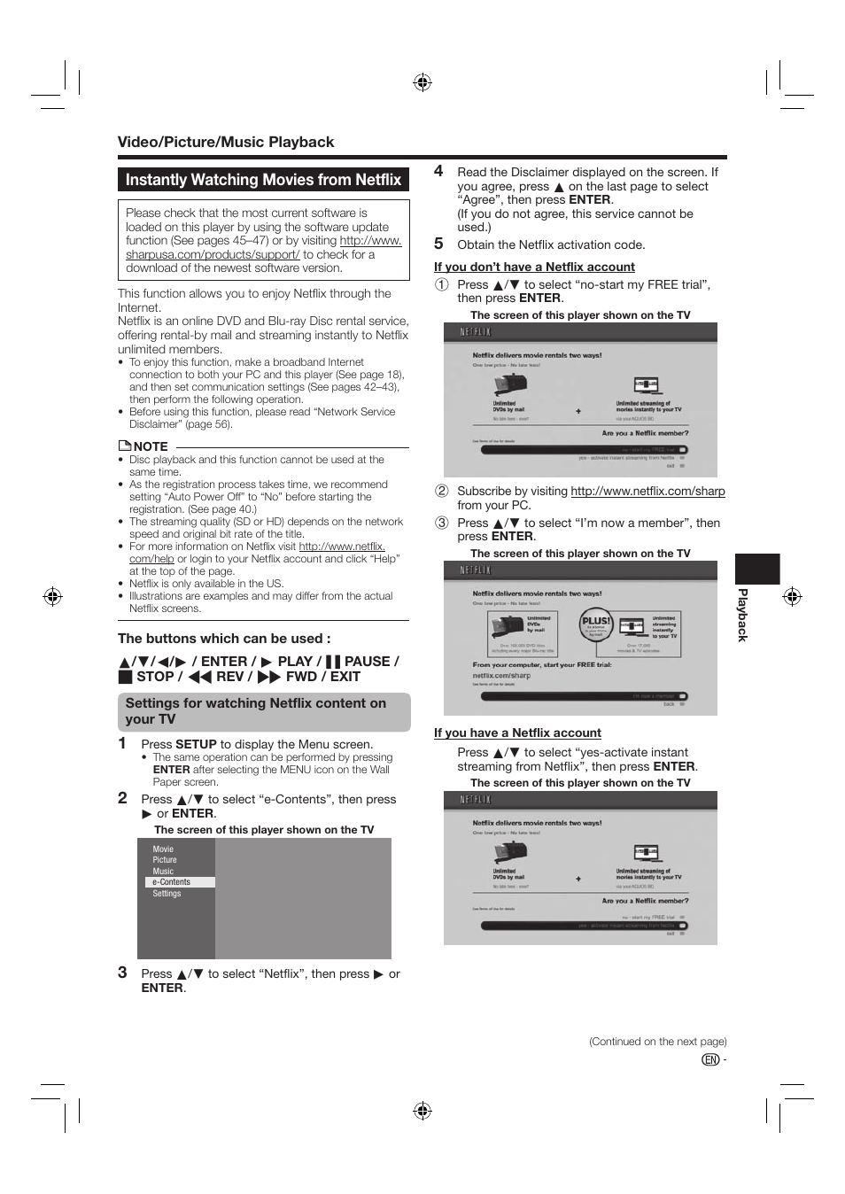 Instantly watching movies from netflix, Video/picture/music playback | Sharp AQUOS BD-HP24U(A) User Manual | Page 33 / 61