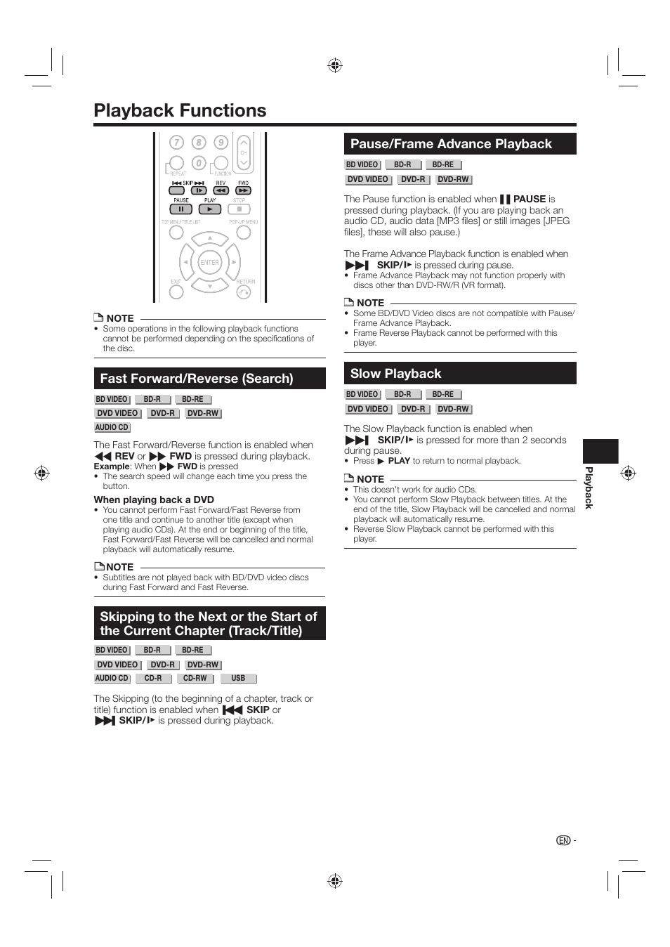 Playback functions, Fast forward/reverse (search), Pause/frame advance playback | Slow playback | Sharp AQUOS BD-HP24U(A) User Manual | Page 35 / 61