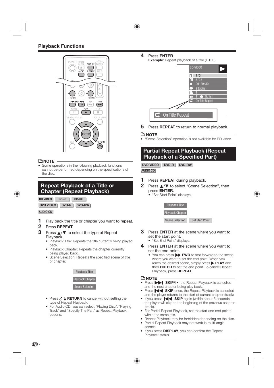 Playback functions, On title repeat | Sharp AQUOS BD-HP24U(A) User Manual | Page 36 / 61