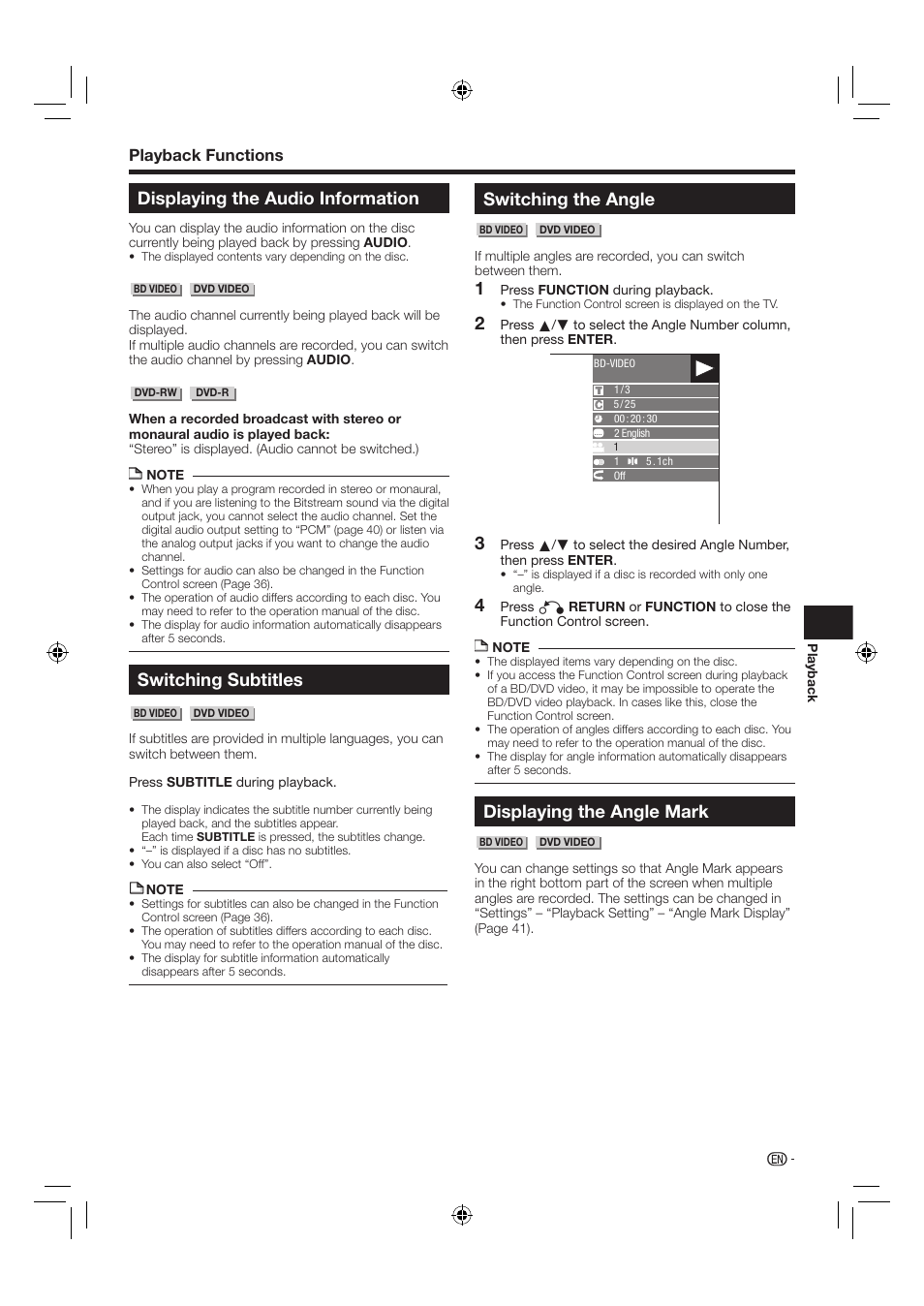 Displaying the audio information, Switching subtitles, Switching the angle | Displaying the angle mark, Playback functions | Sharp AQUOS BD-HP24U(A) User Manual | Page 37 / 61