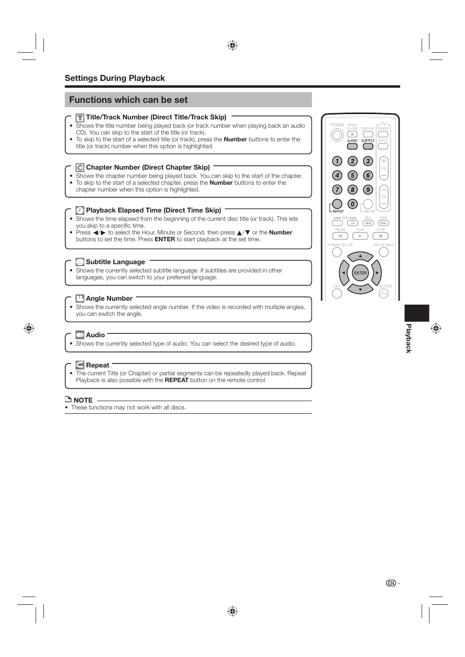 Functions which can be set, Settings during playback | Sharp AQUOS BD-HP24U(A) User Manual | Page 39 / 61