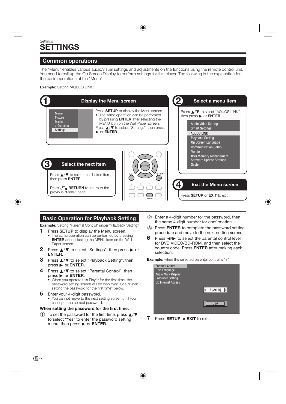 Settings, Common operations, Basic operation for playback setting | Sharp AQUOS BD-HP24U(A) User Manual | Page 40 / 61