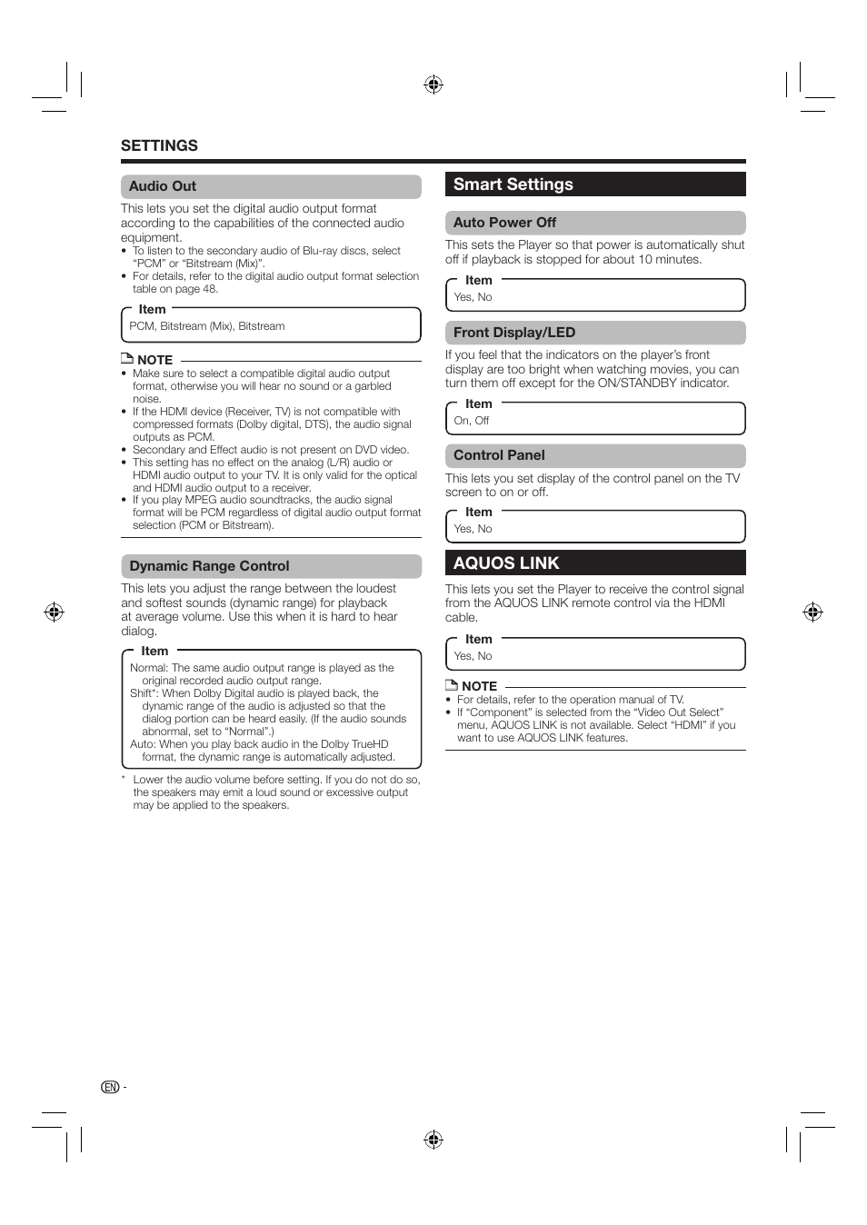 Smart settings aquos link, Settings | Sharp AQUOS BD-HP24U(A) User Manual | Page 42 / 61