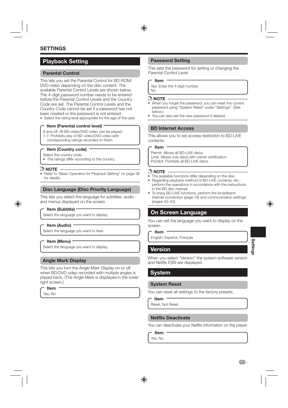 Playback setting, On screen language, Version | System, Settings | Sharp AQUOS BD-HP24U(A) User Manual | Page 43 / 61