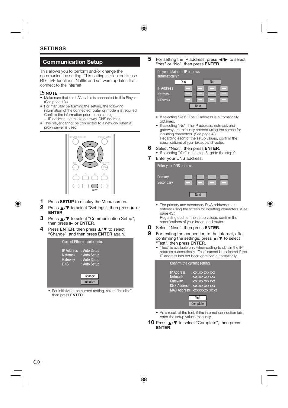 Communication setup, Settings | Sharp AQUOS BD-HP24U(A) User Manual | Page 44 / 61