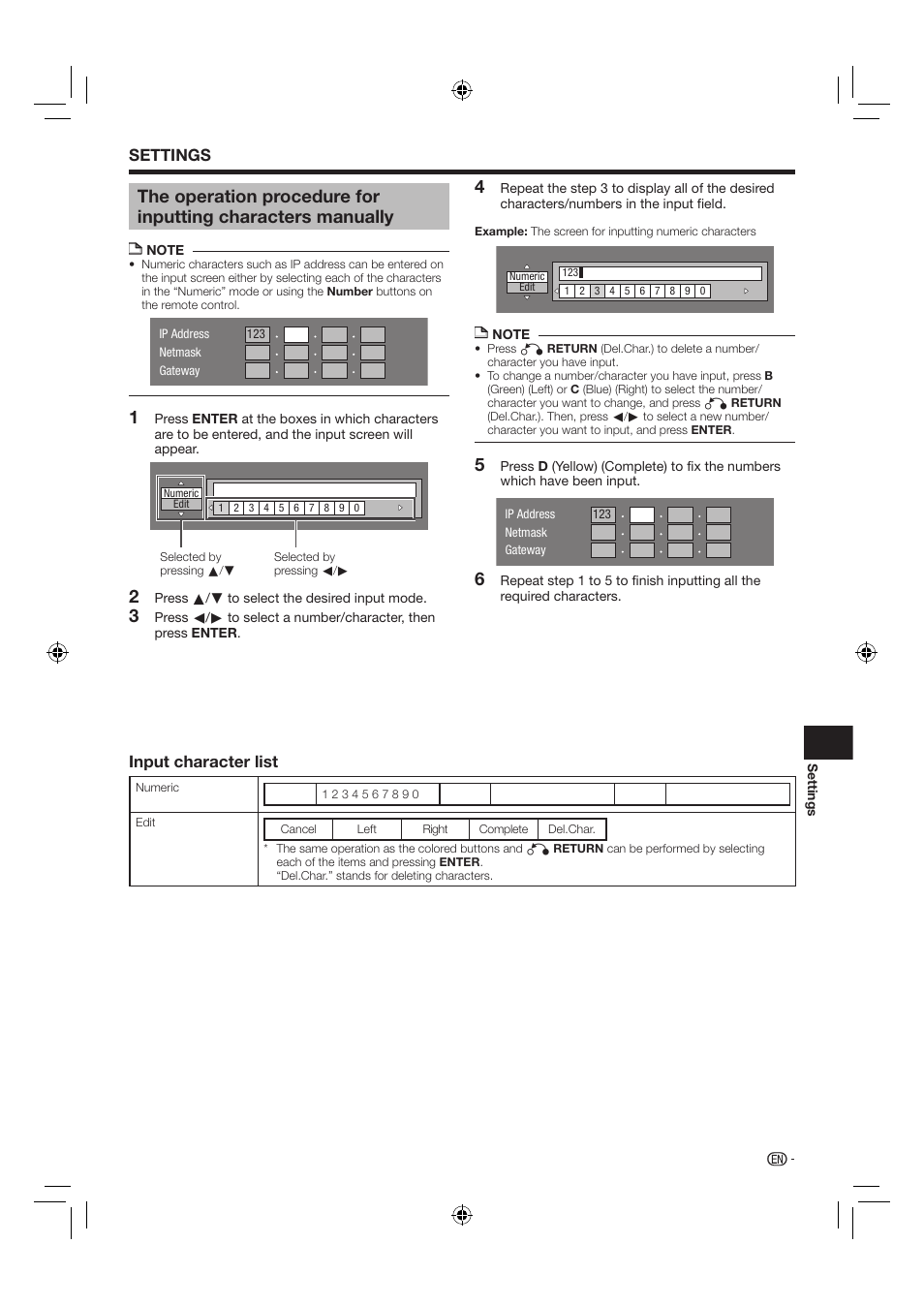 Settings, Input character list | Sharp AQUOS BD-HP24U(A) User Manual | Page 45 / 61