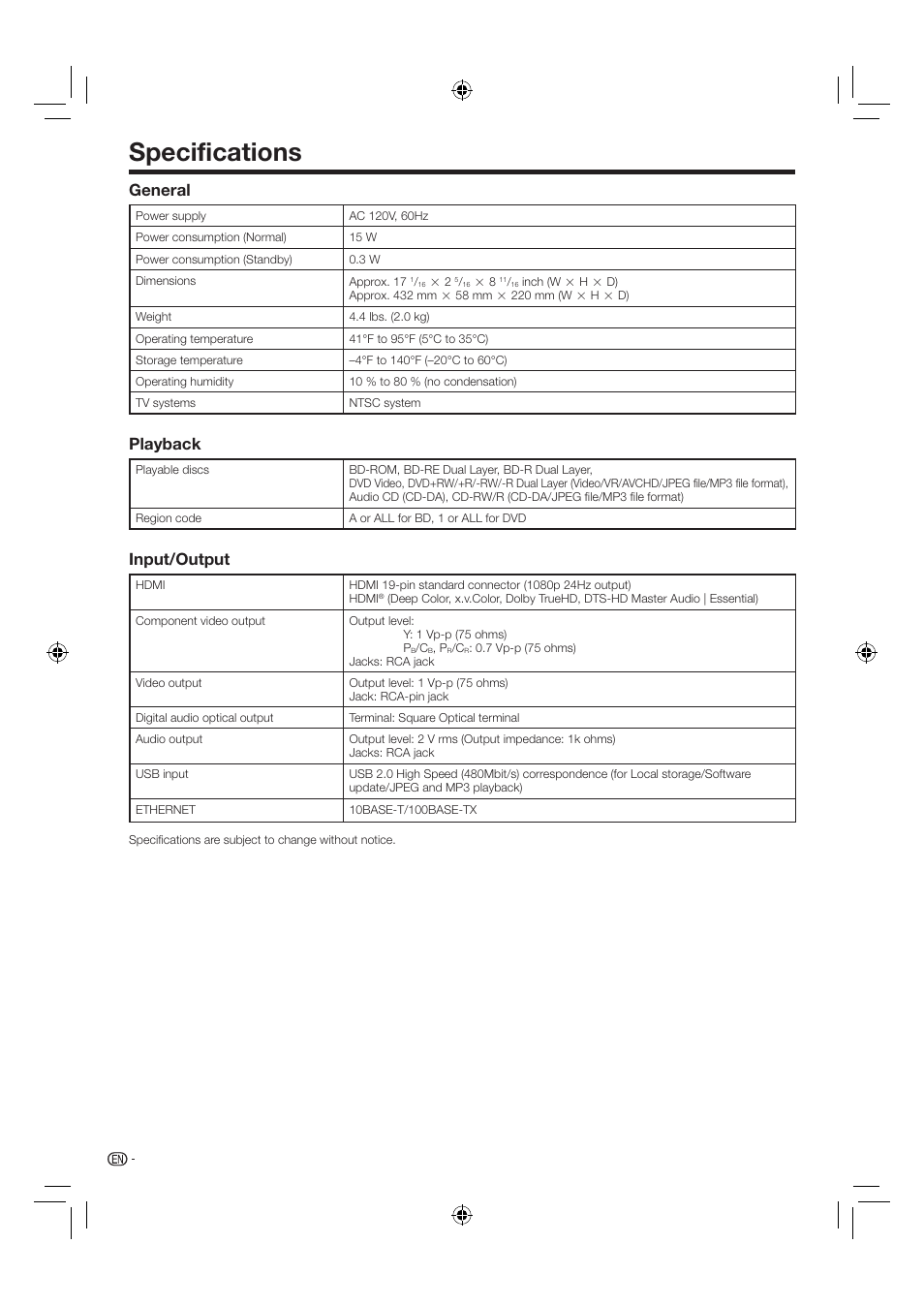 Specifications, General, Playback | Input/output | Sharp AQUOS BD-HP24U(A) User Manual | Page 54 / 61