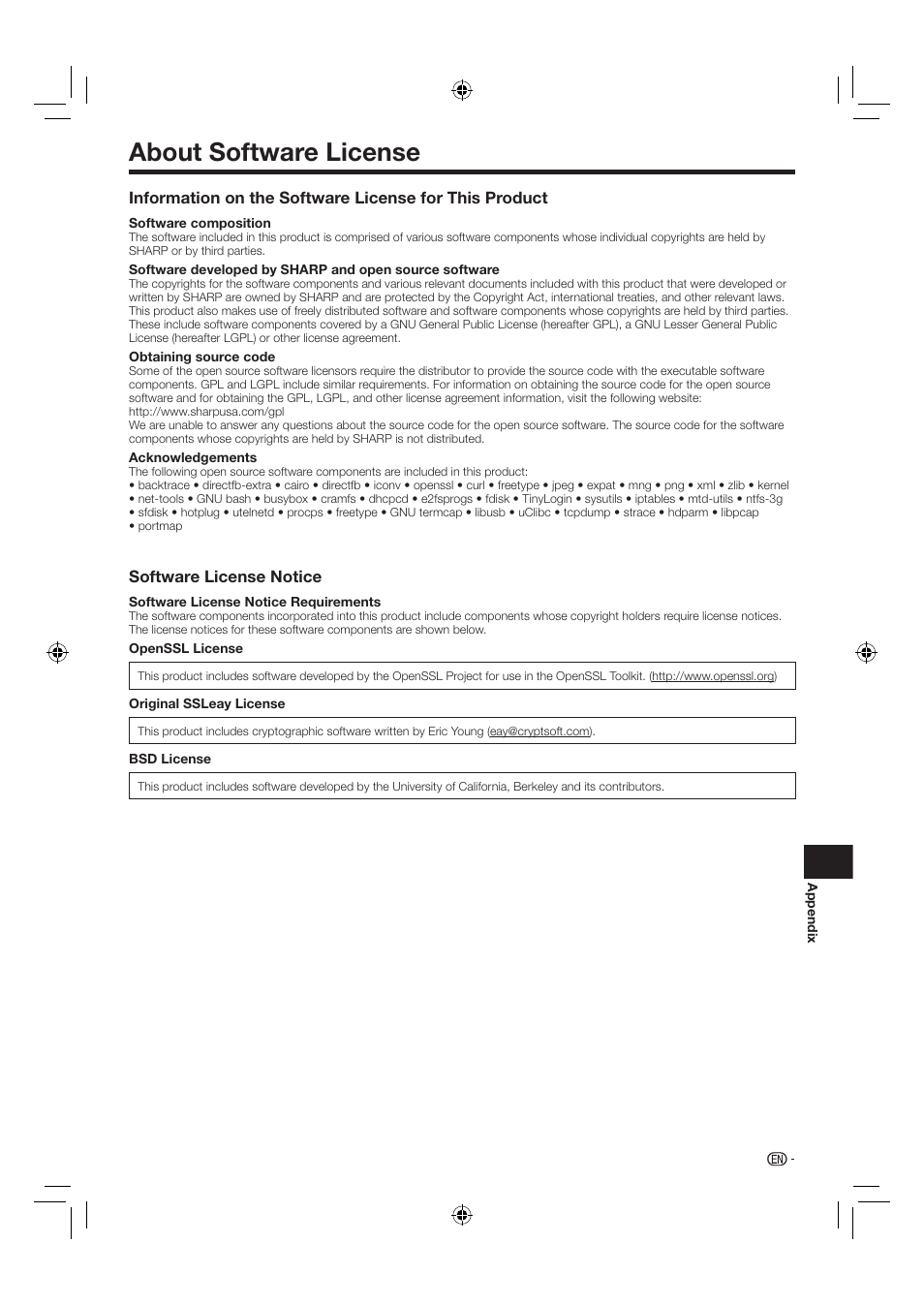 About software license, Software license notice | Sharp AQUOS BD-HP24U(A) User Manual | Page 59 / 61