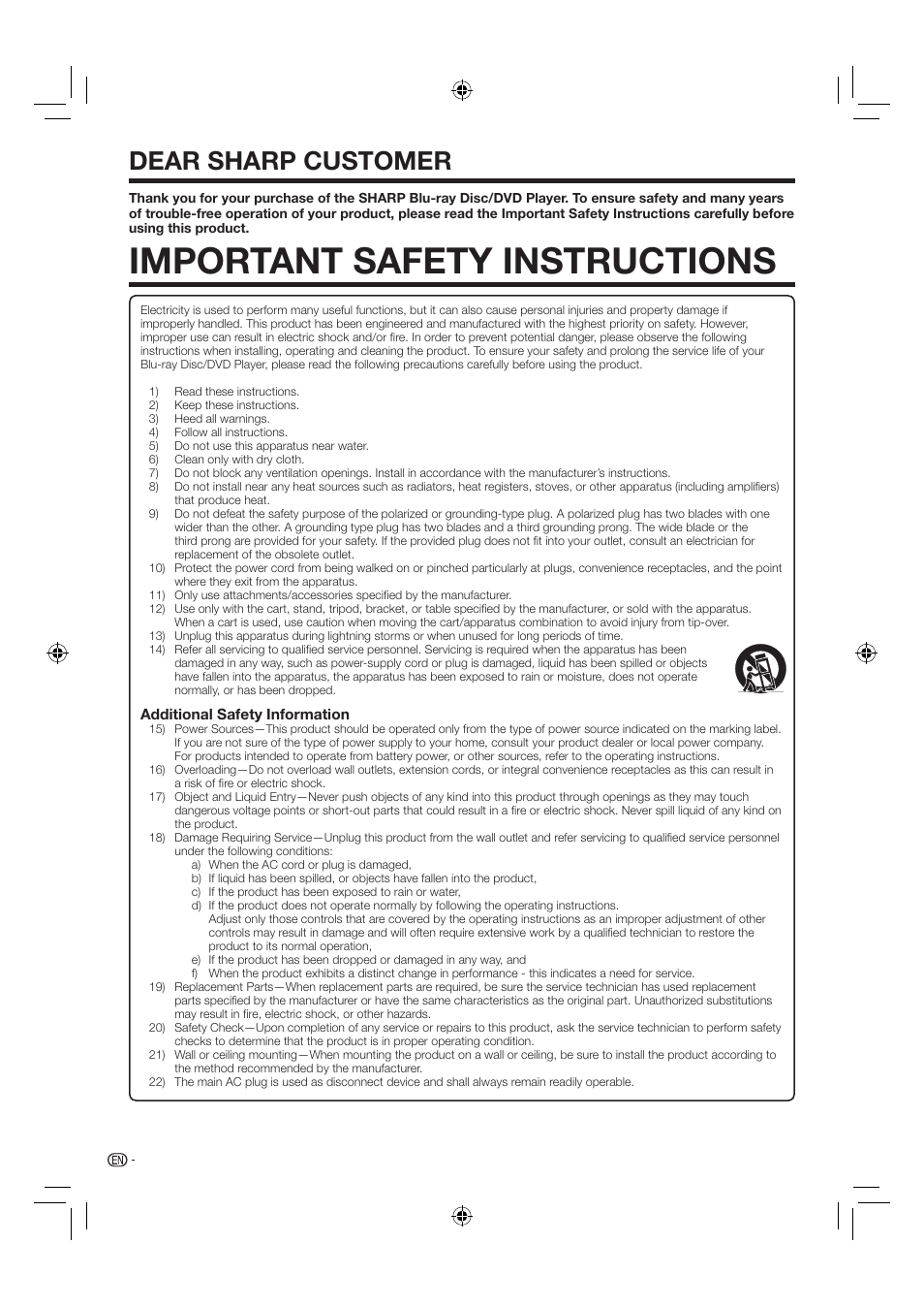 Important safety instructions, Dear sharp customer | Sharp AQUOS BD-HP24U(A) User Manual | Page 6 / 61