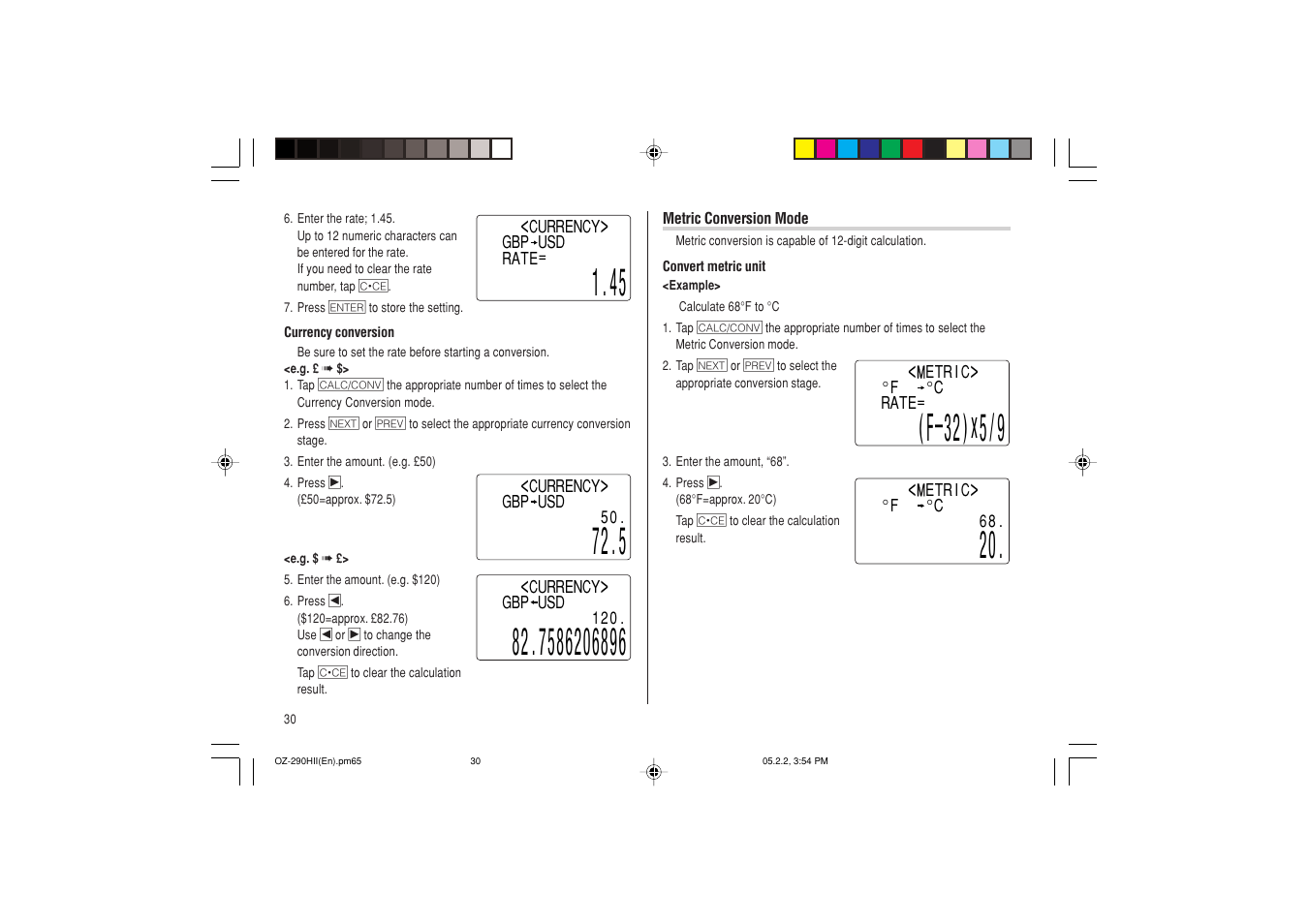 5x/9, F–32 | Sharp ELECTRONIC ORGANIZER OZ-290HII User Manual | Page 32 / 80