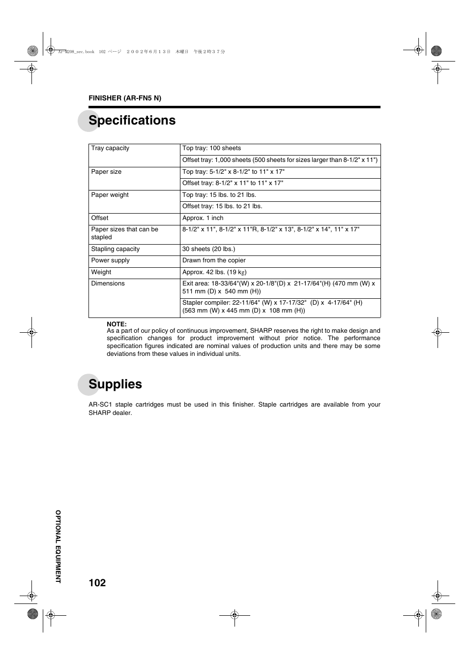 Specifications, Supplies | Sharp AR-M208 User Manual | Page 104 / 128