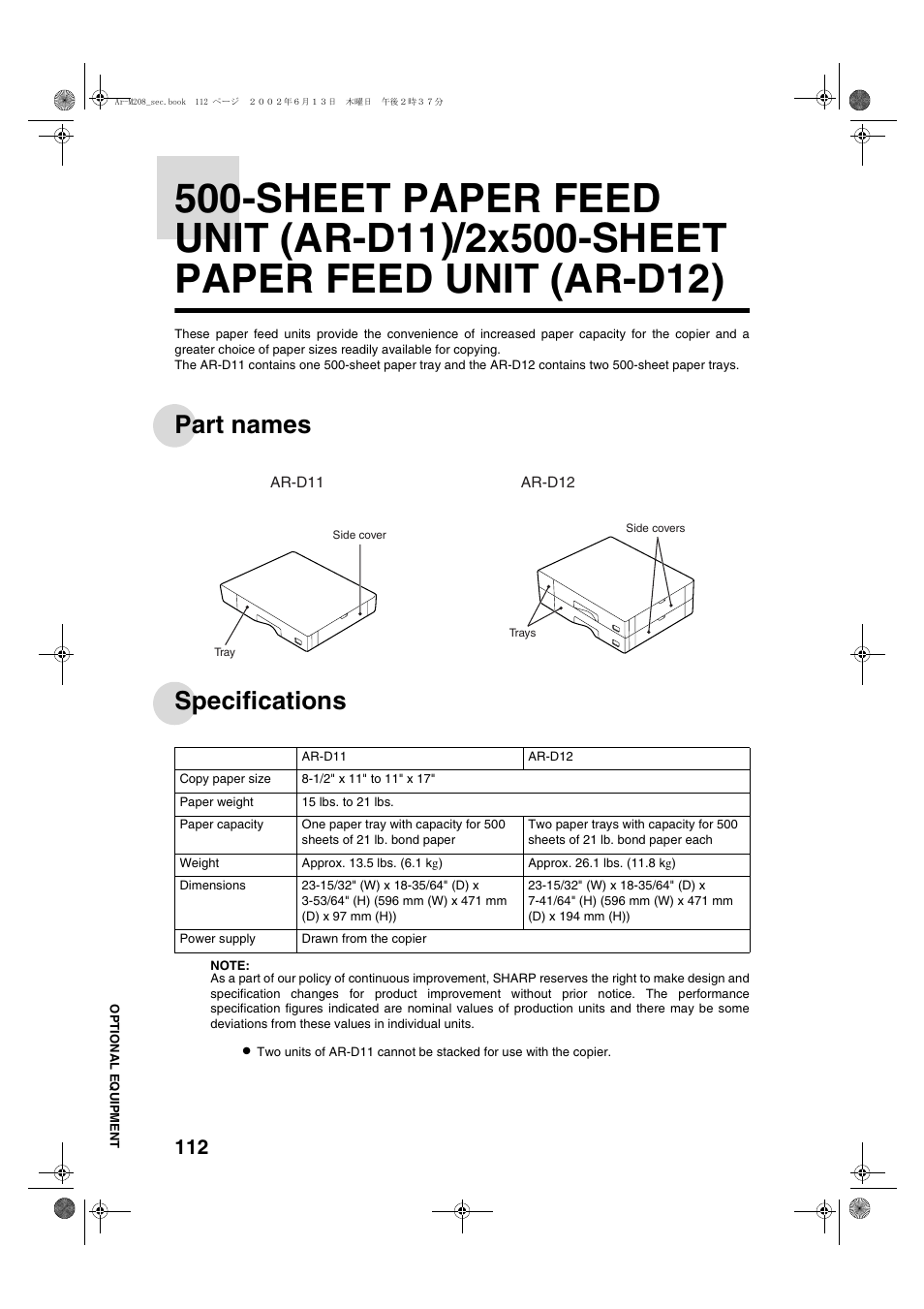 Part names specifications | Sharp AR-M208 User Manual | Page 114 / 128