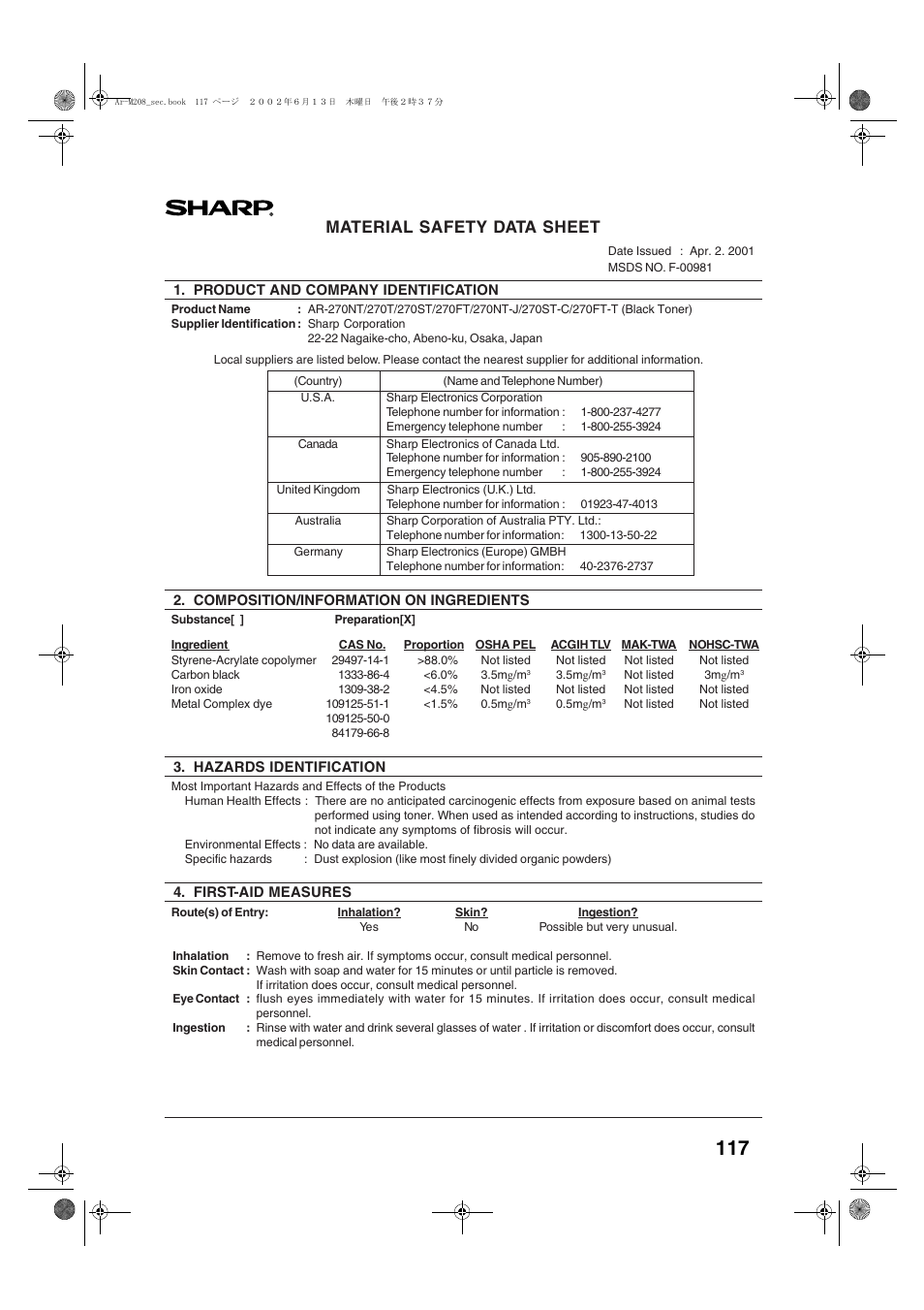 Material safety data sheet | Sharp AR-M208 User Manual | Page 119 / 128