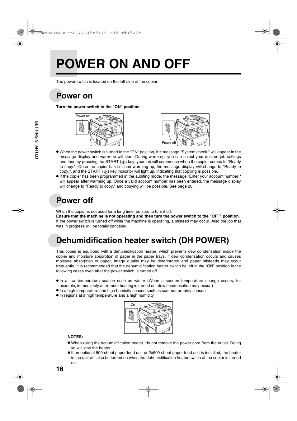 Power on and off, Power on, Power off | Dehumidification heater switch (dh power) | Sharp AR-M208 User Manual | Page 18 / 128