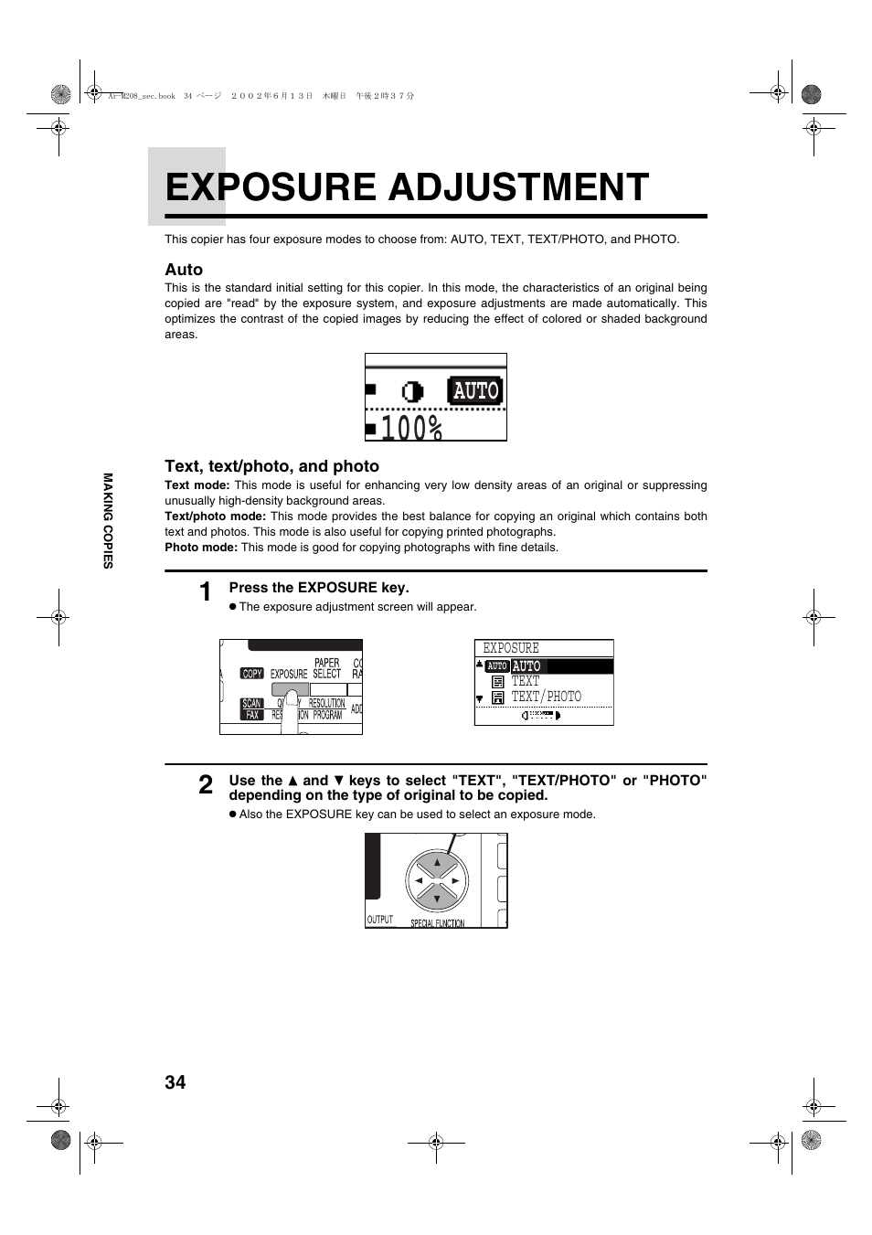 Exposure adjustment, Auto | Sharp AR-M208 User Manual | Page 36 / 128